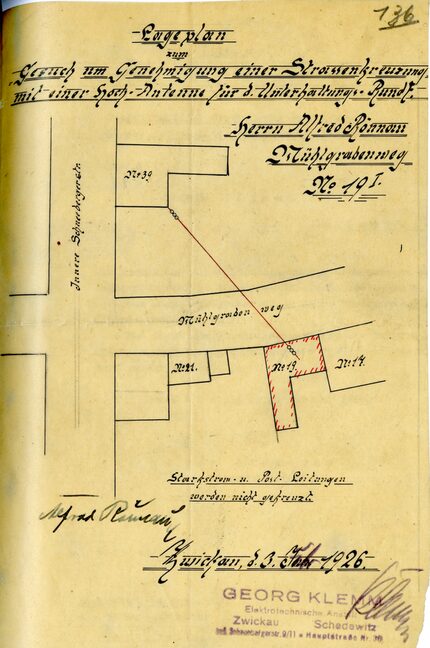 Beispielhafte Zeichnungen zu beantragten Luftleitern/Antennen zwischen Gebäuden, 1926